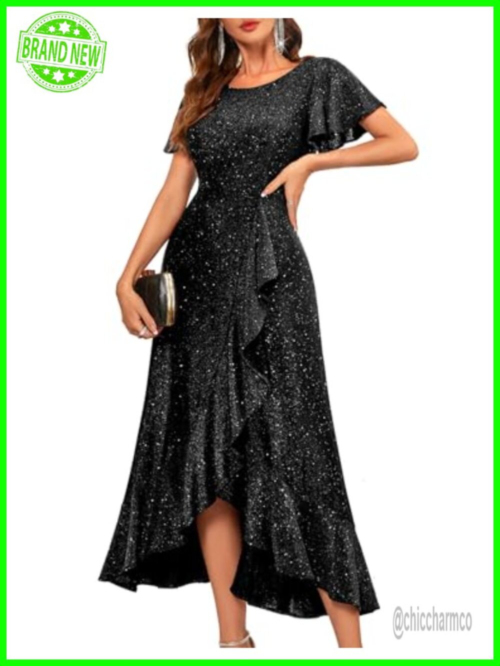 Sequin Formal Dress High Low Hemline Flutter Sleeves Maxi Stretch Knit
